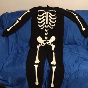 Skeleton Print Fleece Hooded Zipper Black Onesie/Pajamas/Costume
